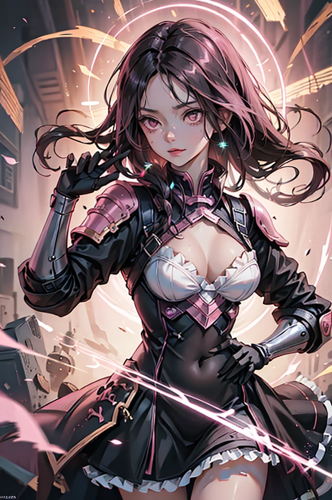 Dark-haired Scandinavian girl wearing half-plate armor and a frilly skirt over a skin-tight black bodysuit, (Pink long hair:1.4), Red eyes,Attractive breasts、High resolution (High Dynamic Range), Ray Tracing, NVIDIA, Super Resolution, Scattered under the surface, Anisotropic Filtering, Written boundary depth ,Maximum clarity and sharpness, Surface Shading, Two-tone lighting