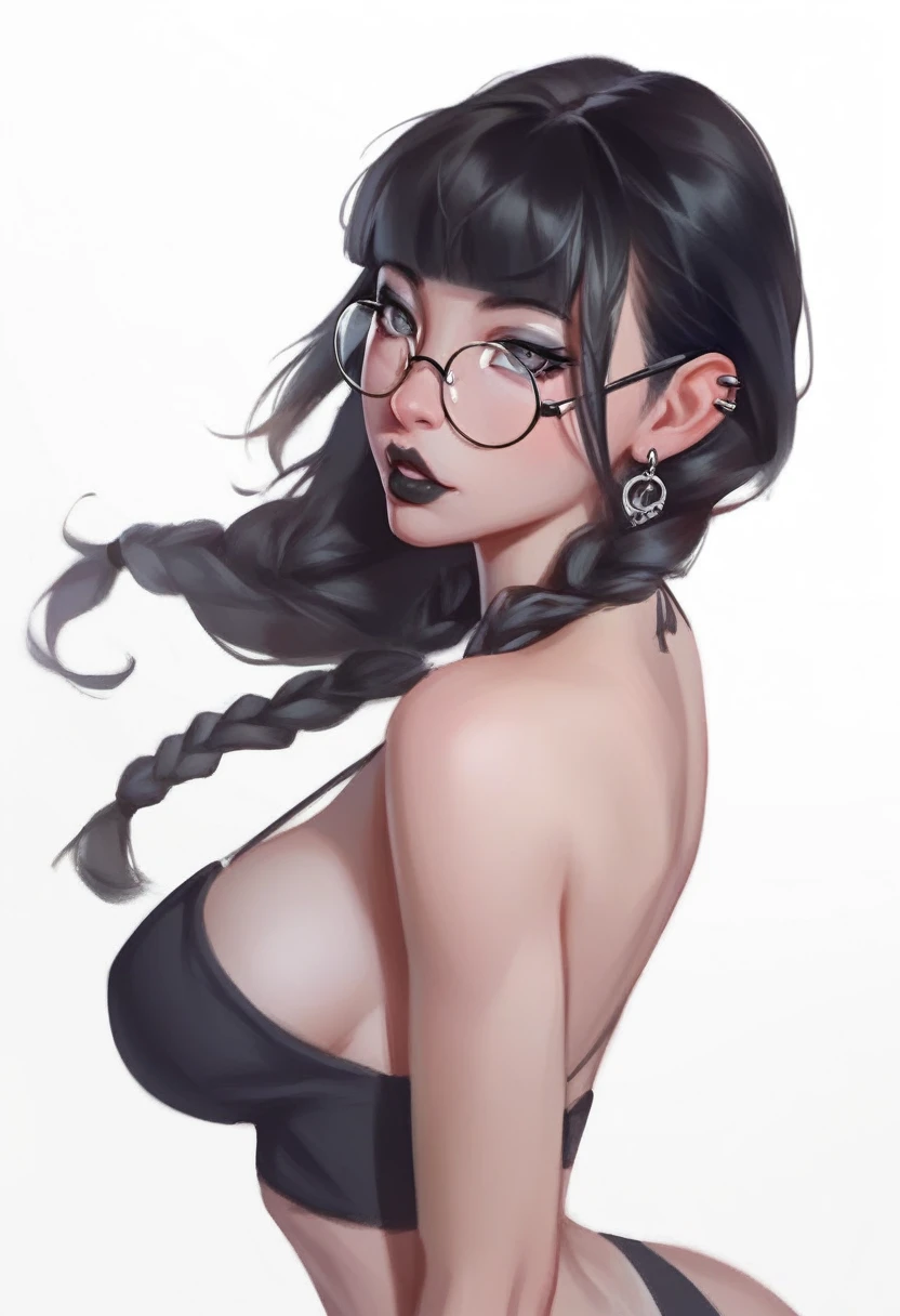 fuzzy, traditional art, Liu2, brush texture, check_9, check_8_up, check_7_up, 1 girl, black hair, braids, straight hair, long hair, grey eyes, thin lips, Small, Long eyelashes, half-closed eyes, black-rimmed glasses, round glasses, black necklace, Blunt bangs, adult, black eyeliner, big breasts, ear piercing, black lips, grey eyeshadow, Looking at the viewer, BREAK solo, standing, adult, skinny, high leg, arched back, hip gap, BREAK (White background:1.2), simple background, dynamic pose, dynamic angle, Corner shot,