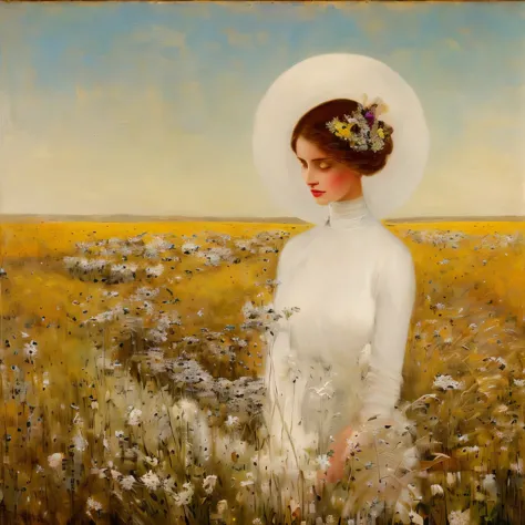 painting of a woman in a white dress standing in a field, karol bak of emma watson nun, a goddess in a field of flowers, in a me...