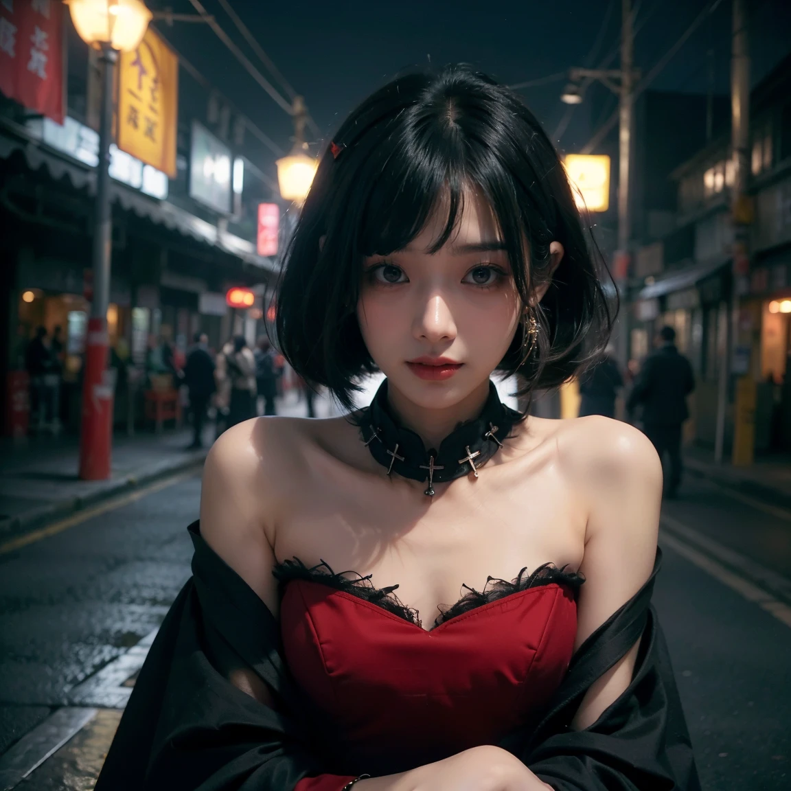 (夜, 柔らかい照明, 最高品質, 8K, 傑作, RAW写真: 1.3)下から, テクノワール, いたずらな微笑み, 芸術的に洗練された, 現実的 visuals, 息を呑むほどの美しさ, 拡散した, 自然な肌の輝き, 遠くを見つめる少女, 薄い, フローティングミディアムヘア, 前髪, (ゴシック_パンクドレス:1.2), 率直な, zwd 神秘的, 美しい女性, ファンタジー, (( 美しい吸血鬼, 先のとがった牙, 先のとがった犬歯: 1.2)), 赤い目, , 薄い目, 対称的な目, (ハイライトカラーヘア, ショートカット, ボブカットのヘアスタイル), イヤリング, 手首に薄いブレスレット Super detailed, 複雑な詳細, 非常に詳細な顔と肌のトーン, 体はスリムです, 全身刺青, 細粒, 現実的, 補償する, 知的, 魅力的な, 美しい立ち姿勢, スリムな脚, 小さい胸, 中世ヨーロッパの街並み, 夜の街