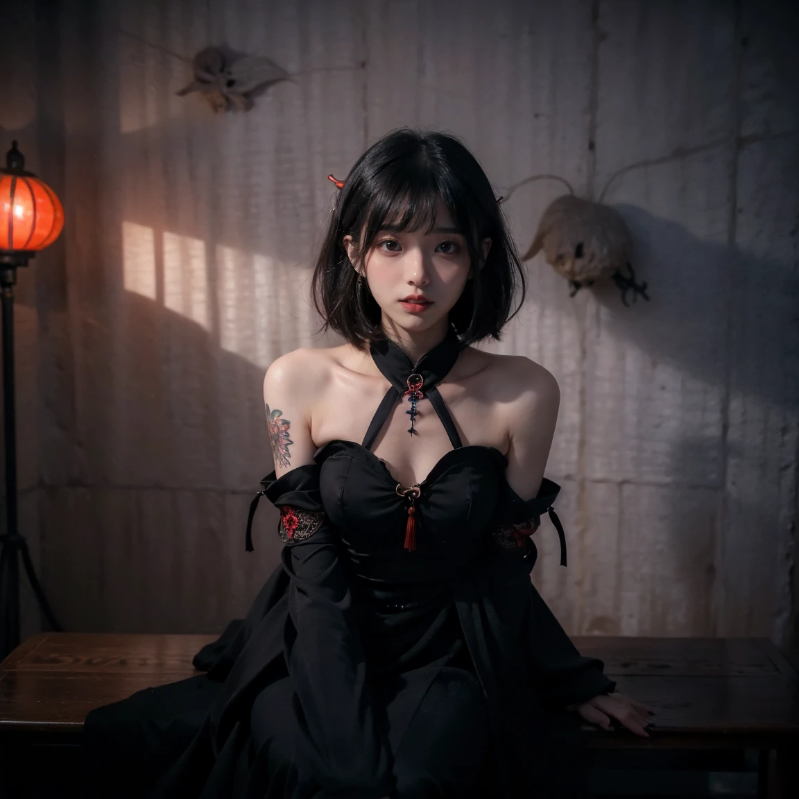  (night, Soft lighting, Highest quality, 8K, masterpiece, RAW Photos: 1.3),From below, Technoir, Sulky, Artistically refined, Realistic visuals, Breathtaking beauty, Diffused, natural skin glow, Girl sitting and enjoying the view, 24-years-old, thin, Floating Medium Hair, bangs, (Black Chinese Dress:1.2), masterpiece, Highest quality, RAW Photos, Candid, zwd,,mysterious, Beautiful Vampireの女性, Fantasy, (( Beautiful Vampire, Pointed fangs, Pointed canines: 1.2)), Red colored eyes, , thin目, Symmetrical eyes, (Highlight Color Hair, Shortcuts, Bob Cut Hairstyles), Earrings, 手首にthinブレスレット, Super detailed, Intricate details, Highly detailed face and skin tones, The body is slim, Full Body Tattoo, Fine grain, Realistic, compensate, intellectual, Fascinating, Beautiful standing posture, Slim legs, Small breasts, Medieval European streets, nightの街