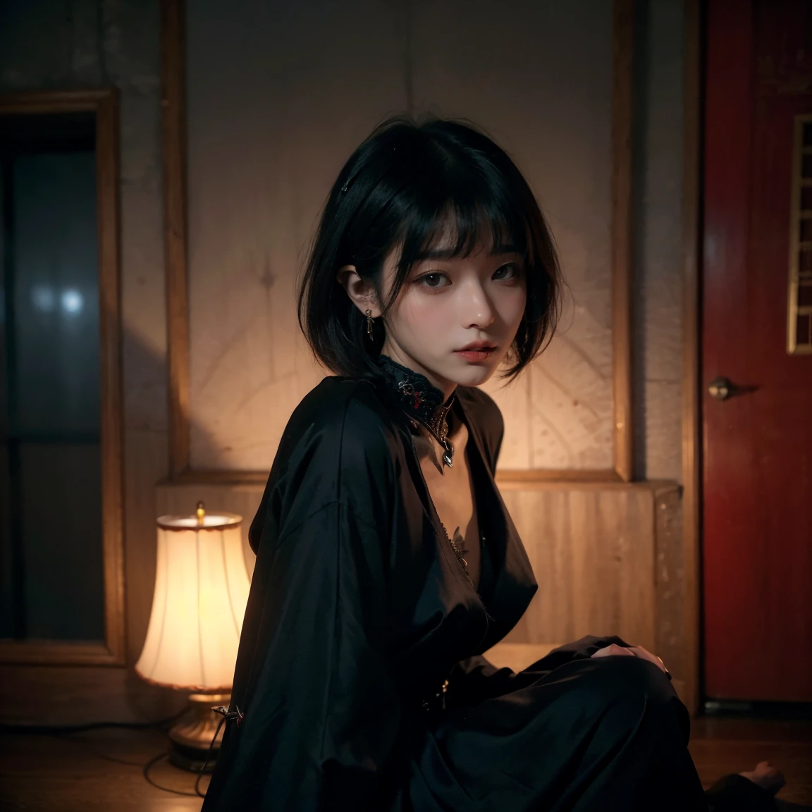  (night, Soft lighting, Highest quality, 8K, masterpiece, RAW Photos: 1.3),From below, Technoir, Sulky, Artistically refined, Realistic visuals, Breathtaking beauty, Diffused, natural skin glow, Girl sitting and enjoying the view, 24-years-old, thin, Floating Medium Hair, bangs, (Black Chinese Dress:1.2), masterpiece, Highest quality, RAW Photos, Candid, zwd,,mysterious, Beautiful Vampireの女性, Fantasy, (( Beautiful Vampire, Pointed fangs, Pointed canines: 1.2)), Red colored eyes, , thin目, Symmetrical eyes, (Highlight Color Hair, Shortcuts, Bob Cut Hairstyles), Earrings, 手首にthinブレスレット, Super detailed, Intricate details, Highly detailed face and skin tones, The body is slim, Full Body Tattoo, Fine grain, Realistic, compensate, intellectual, Fascinating, Beautiful standing posture, Slim legs, Small breasts, Medieval European streets, nightの街