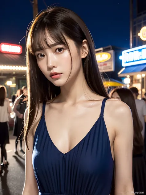 1womanl,  Erotic,Sleeveless navy blue long dress 、very cute (
Full-length portrait),city, cafe street at night,mideum breasts, l...