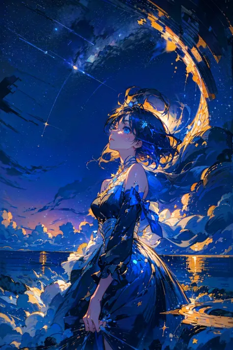 1girl,solo,cool,perfect face, put  hand on chest,perfect fingers,look up,she is seeing the sky,star night,starry night,low angle...