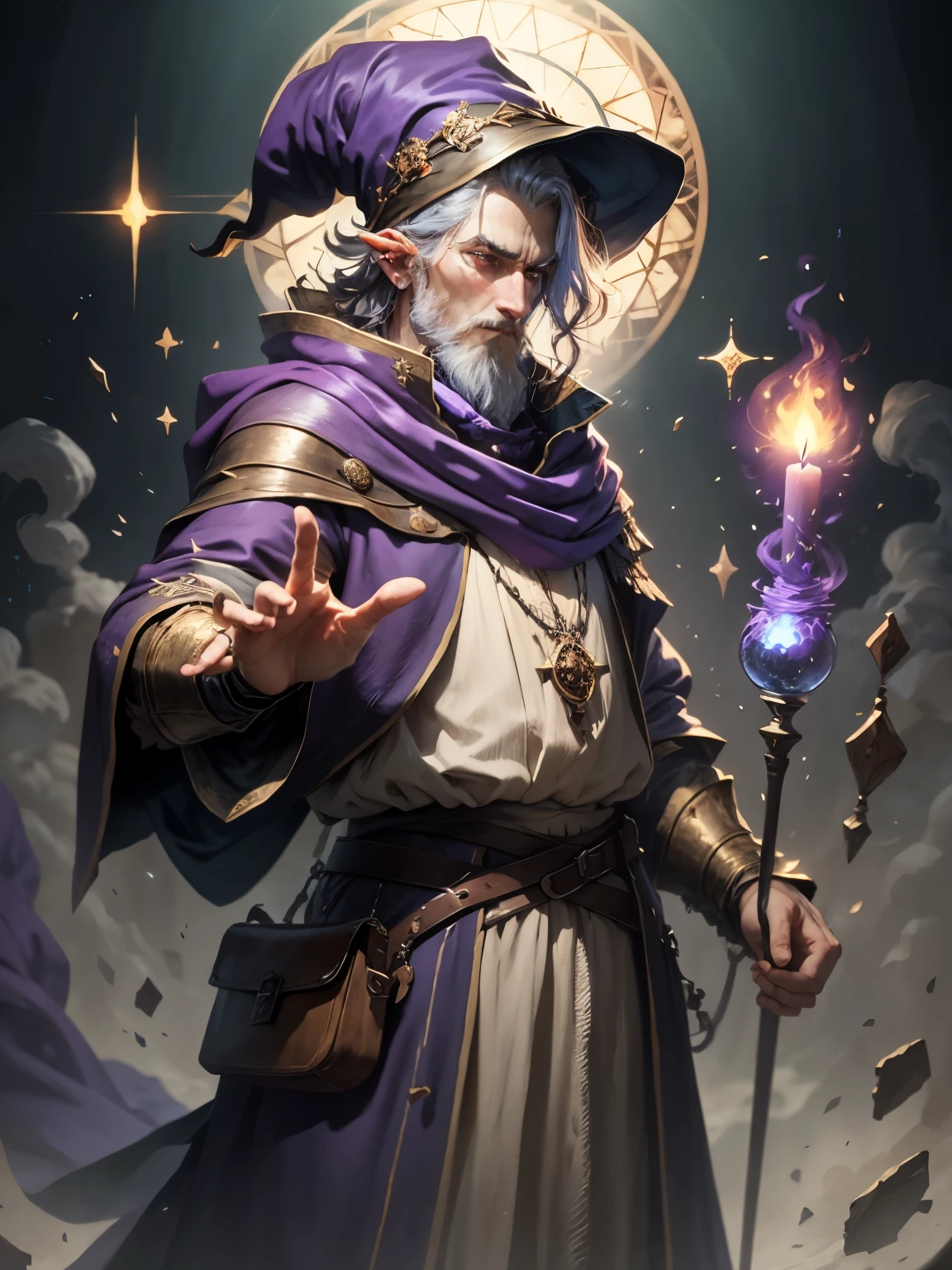 medieval wizard in action pose, with a Purple clothes 