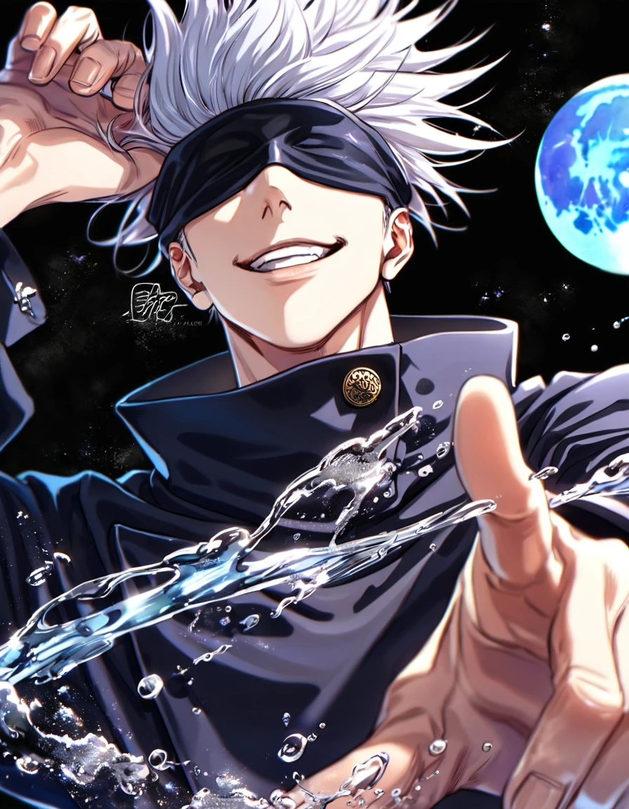 absurdres, highres, ultra detailed, HDR, master piece, Gojou Satoru, white hair, blindfolded eyes, black shirt, Jujutsu Kaisen, man, handsome, best quality, blue moon, magical, solo, water Jujutsu Kaisen uniform, handsome smile