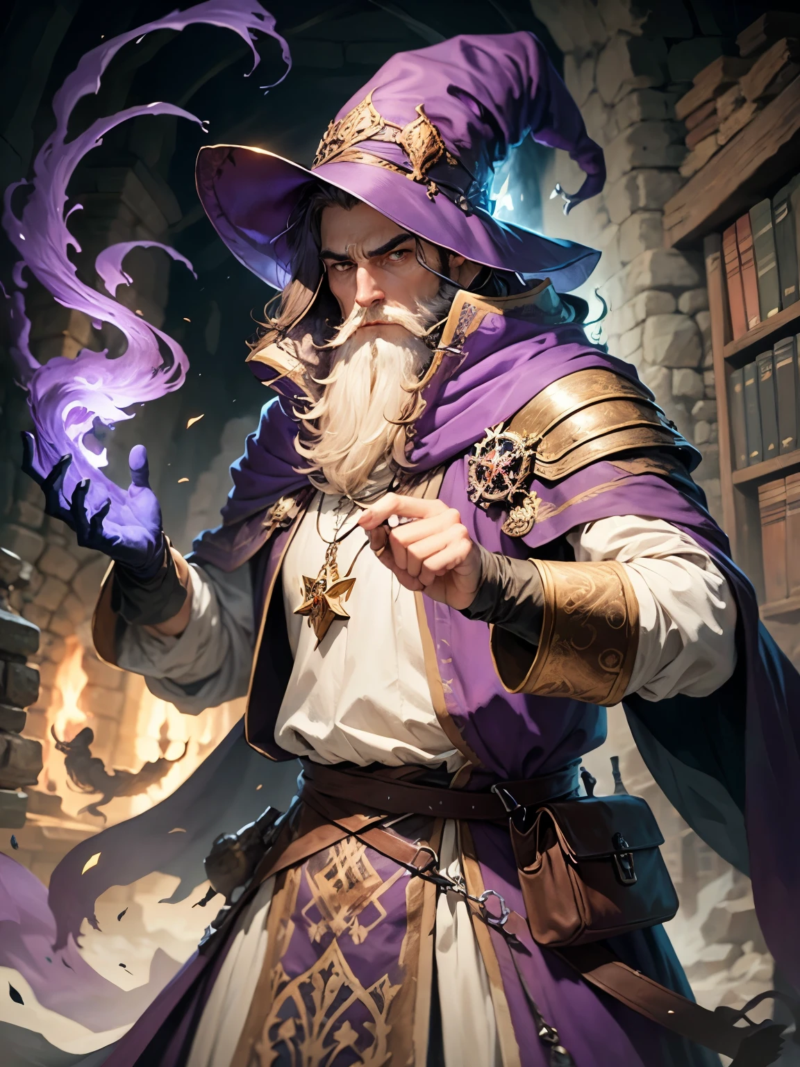 medieval wizard in action pose, with a Purple clothes 