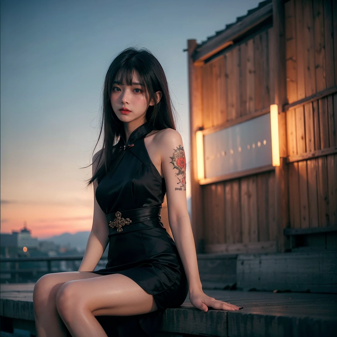 (night, Soft lighting, Highest quality, 8K, masterpiece, RAW Photos, Angle from below:1.3), Technoir, Smile mischievously, Artistically refined, Realistic visuals, Breathtaking beauty, Diffused, natural skin glow, Girl sitting and enjoying the view, 24-years-old, thin, Floating Medium Hair, bangs, (Black Chinese Dress:1.2), Candid, zwd, ,mysterious, Beautiful Girl Fantasy, Red colored eyes, , thin目, Symmetrical eyes, (Highlight Color Hair) , Super detailed, Intricate details, Highly detailed face and skin tones, The body is slim, Full Body Tattoo, Fine grain, Realistic, compensate, intellectual, Fascinating, Beautiful standing posture, Slim legs, Small breasts, Medieval European streets, nightの街