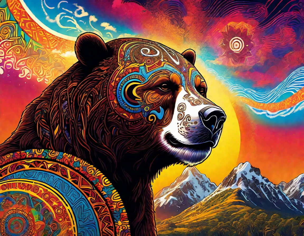Un ours et une étoile, Inspired by Australia, Australian Aboriginal , Aboriginal aesthetic, aboriginal gods, Aboriginal symbols, Aboriginal runes, rune tattoos on face, blood in the mouth, golden medal around the neck, aboriginal tattoo, desert landscape with mountains and sun, Psychedelic landscape, Psychedelic acid trip, Psychedelic artwork, Psychedelic lsd, Psychedelic trip, Psychedelic Art, Psychedelic ski resort, Psychedelic visuals, : Psychedelic ski resort, Psychedelic painting, Psychedelic Visuals, Psychedelic fever dream, LSD trip, Psychedelic art, Psychedelic, art hallucinatoire, Psychedelic waves, extremely Psychedelic experience, 