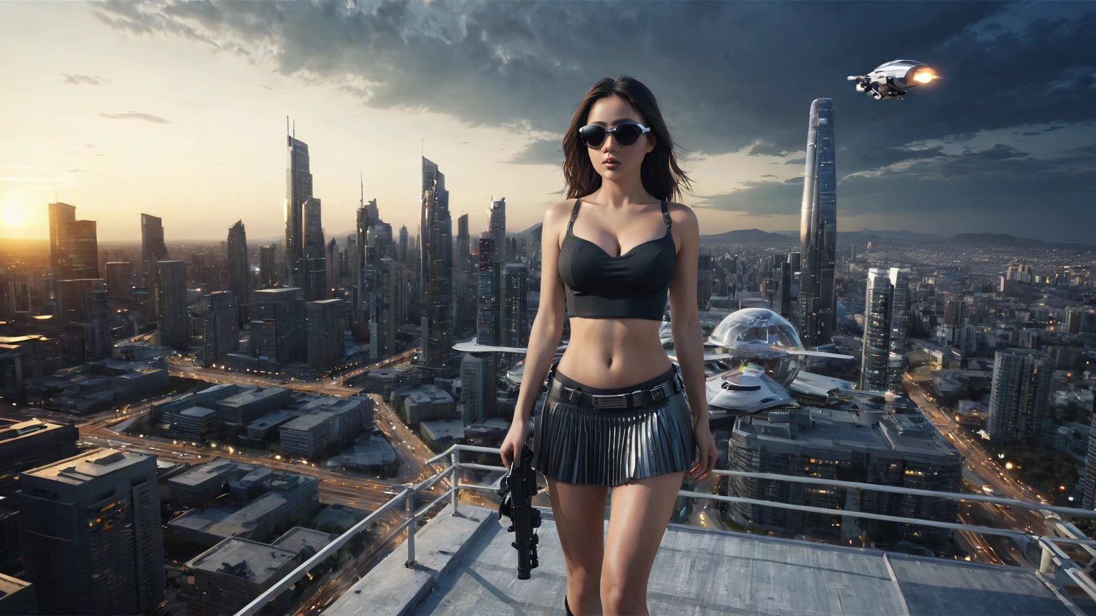 (((At night, ((very dark sunset sky)), (((1girl, solo))), a western woman, photo realistic, large-breast:1.2 slim body, cleavage, off tube top, short pleated miniskirt, standing on rooftop, matrix style black sunglasses, (shooting with a short gun), half-body thigh level medium:1.2 shot))). In the background, simple aerial view of a sci-fi futuristic city, (((flying vehicle speeding towards viewer))).