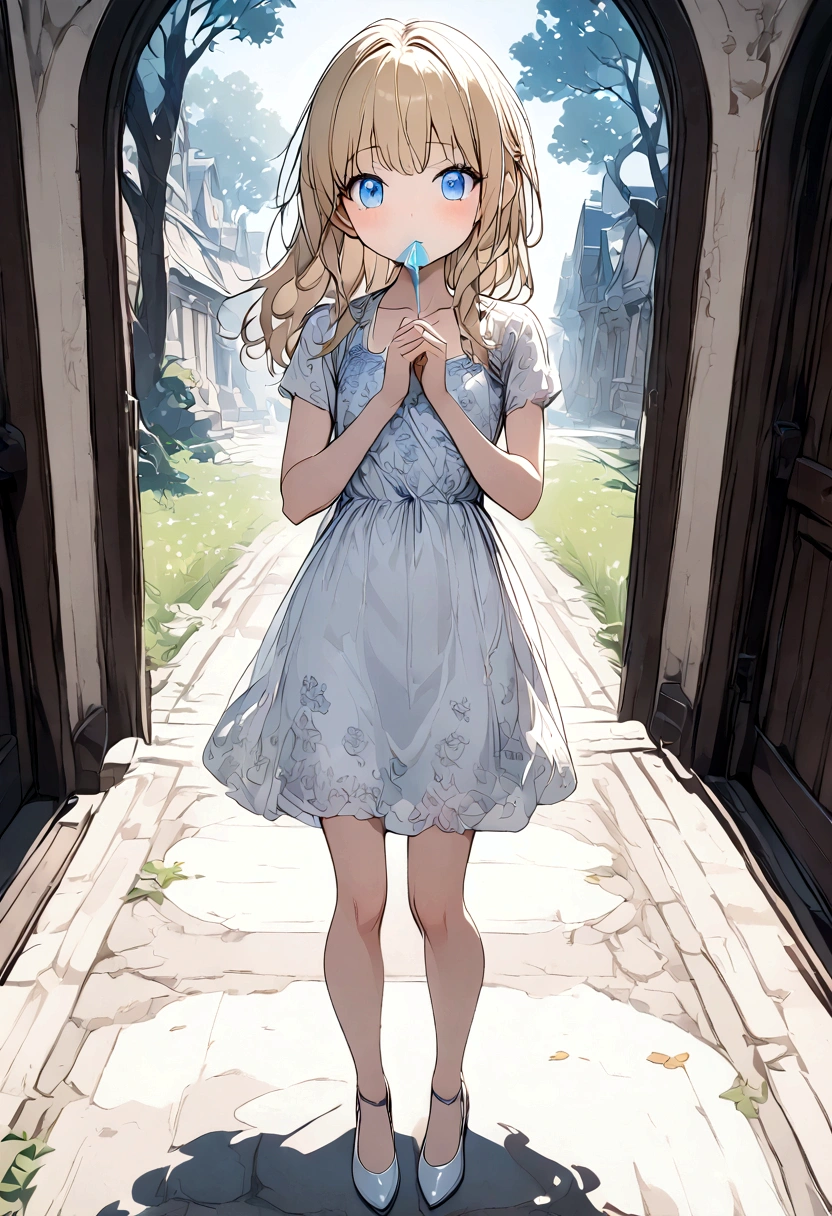 Anime. Baby. Princess. Blonde. Long hair. Blue eyes. Beautiful eyes. Light dress. Shoes. Cold. Runny nose. Snot. Nasal mucus. Sneeze. Sneezing. Sneezes. Snot flows from the nose. Wants to chug. I have to sneeze. Very strong desperate desire to sneeze. She sneezed. She sneezed. She sneezes while standing. Fantasy city. Lock. Corridor . At the entrance to the toilet. Full height. Standing. Full body.