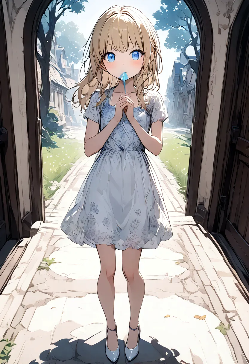 Anime. Baby. Princess. Blonde. Long hair. Blue eyes. Beautiful eyes. Light dress. Shoes. Cold. Runny nose. Snot. Nasal mucus. Sn...