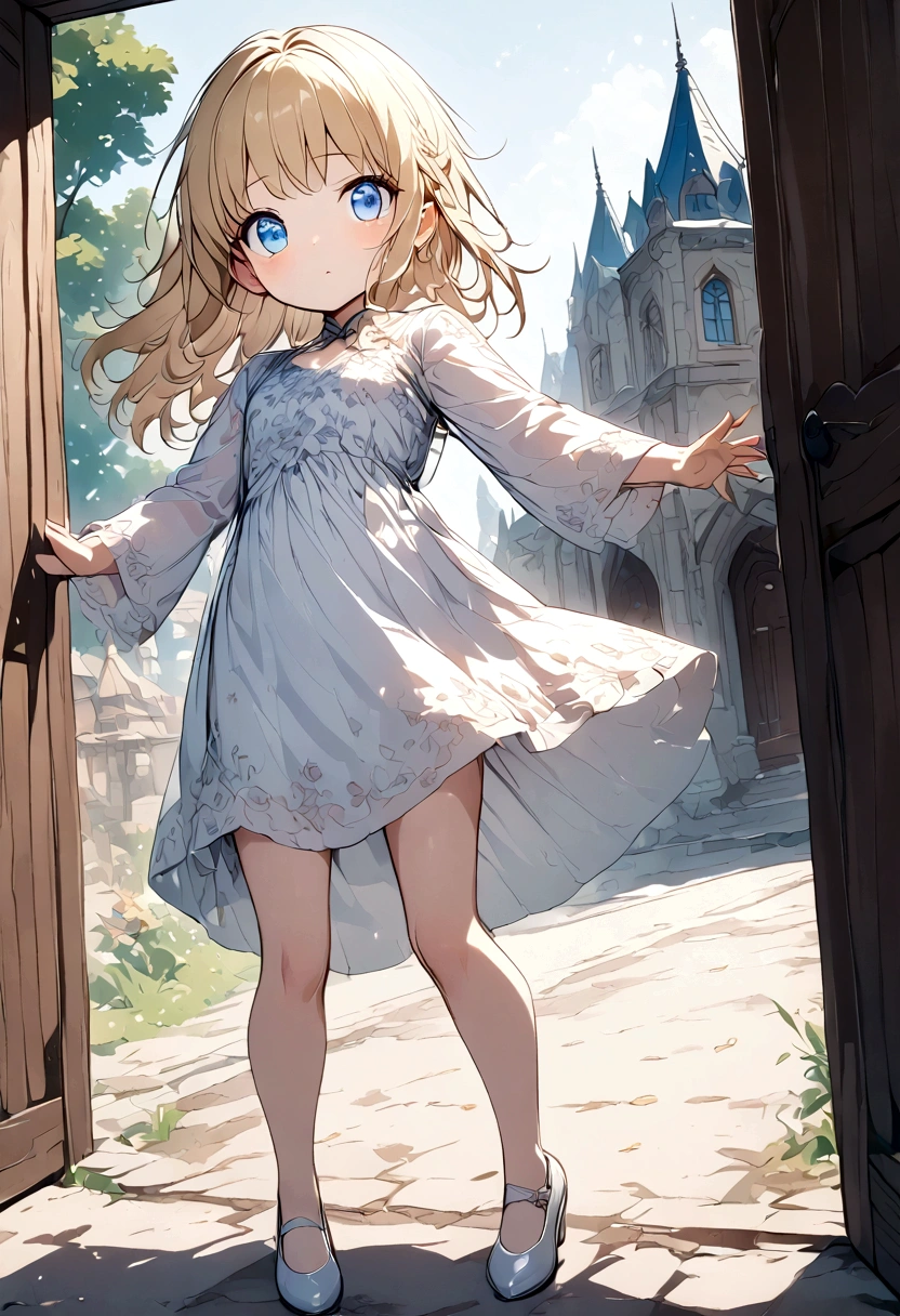 Anime. Baby. Princess. Blonde. Long hair. Blue eyes. Beautiful eyes. Light dress. Shoes. Cold. Runny nose. Snot. Nasal mucus. Sneeze. Sneezing. Sneezes. Snot flows from the nose. Wants to chug. I have to sneeze. Very strong desperate desire to sneeze. She sneezed. She sneezed. She sneezes while standing. Fantasy city. Lock. Corridor . At the entrance to the toilet. Full height. Standing. Full body.