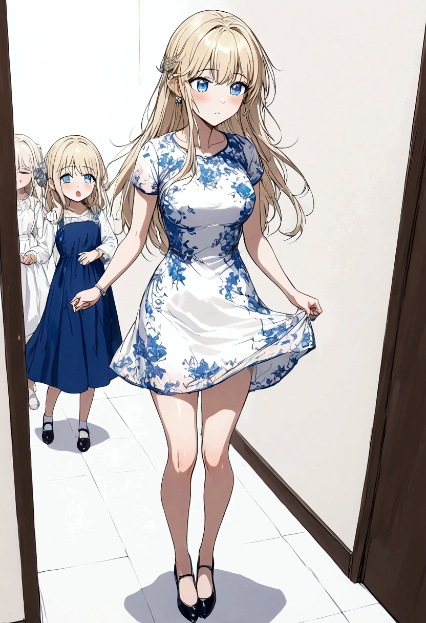 Anime. Baby. Princess. Blonde. Long hair. Blue eyes. Beautiful eyes. Light dress. Shoes. Cold. Runny nose. Snot. Nasal mucus. Sneeze. Sneezing. Sneezes. Snot flows from the nose. Wants to chug. I have to sneeze. Very strong desperate desire to sneeze. She sneezed. She sneezed. She sneezes while standing. Fantasy city. Lock. Corridor . At the entrance to the toilet. Full height. Standing. Full body.