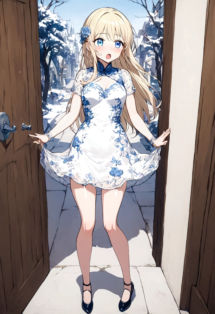 Anime. Baby. Princess. Blonde. Long hair. Blue eyes. Beautiful eyes. Light dress. Shoes. Cold. Runny nose. Snot. Nasal mucus. Sneeze. Sneezing. Sneezes. Snot flows from the nose. Wants to chug. I have to sneeze. Very strong desperate desire to sneeze. She sneezed. She sneezed. She sneezes while standing. Fantasy city. Lock. Corridor . At the entrance to the toilet. Full height. Standing. Full body.