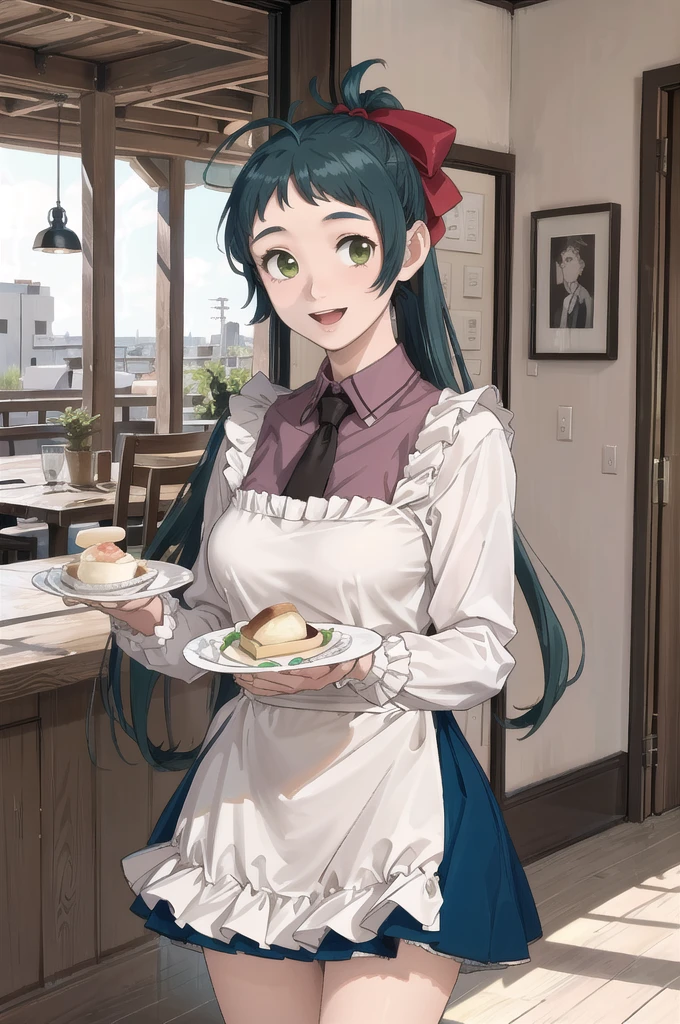 (masterpiece), (Highest quality), (Super detailed), Realistic, (Best illustrations), (Very delicate and beautiful), One girl, Iraq, Collared shirt, Black tie, Blue Skirt, Frilled Skirt,  Kappo, apron, chest, Hair Ribbon, ponytail, Very long hair, (Antenna Hair), indoor, Long sleeve,ruffle cuffs, Holding Tray, dish, ice cream, View your viewers, :d, The legs are off the frame, Cafe, Green Eyes, Are standing,