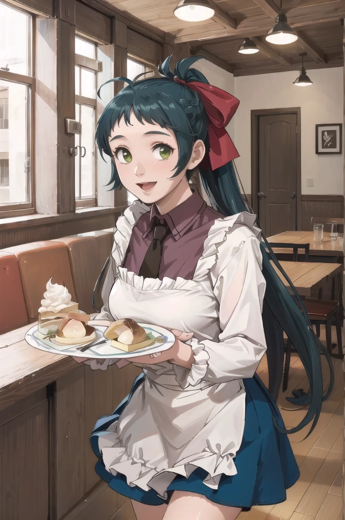 (masterpiece), (Highest quality), (Super detailed), Realistic, (Best illustrations), (Very delicate and beautiful), One girl, Iraq, Collared shirt, Black tie, Blue Skirt, Frilled Skirt,  Kappo, apron, chest, Hair Ribbon, ponytail, Very long hair, (Antenna Hair), indoor, Long sleeve,ruffle cuffs, Holding Tray, dish, ice cream, View your viewers, :d, The legs are off the frame, Cafe, Green Eyes, Are standing,