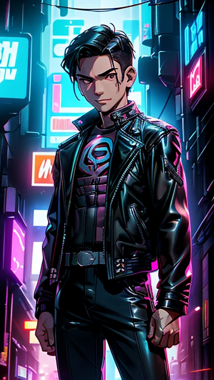 best quality,masterpiece,1boy,solo,(((13years old))),japanese boy,an extremely cute and handsome boy,highly detailed beautiful face and eyes,petit,cute face,lovely face,baby face,shy smile,show teeth, Black hair,short hair,flat chest,skinny,slender,(((wearing The Punisher costume,black leather jacket))),(((standing in Dark Midnight Neon Glow light Cyberpunk metropolis city))),he is looking at the viewer,