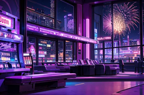 purple casino, night, downtown, HDR, 4k resolution, purple moon, firework, modern architecture, slot machine, indoor