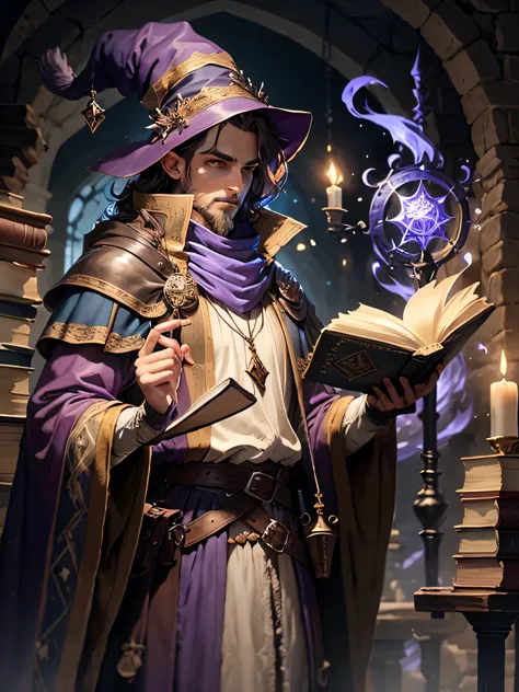 medieval wizard in action pose, with a purple clothes, holding a magic staff and a book