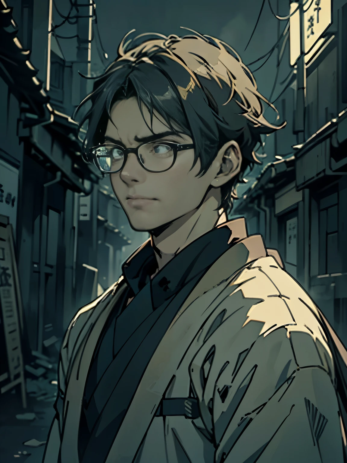 a young japanese man wearing glasses, tired expression,((No smiling)),whereing black suit, low saturation, clear, reasonable structure, (((anime style))), architecture, best quality,intricate details,dramatic lighting,cinematic composition,muted color palette,moody atmosphere