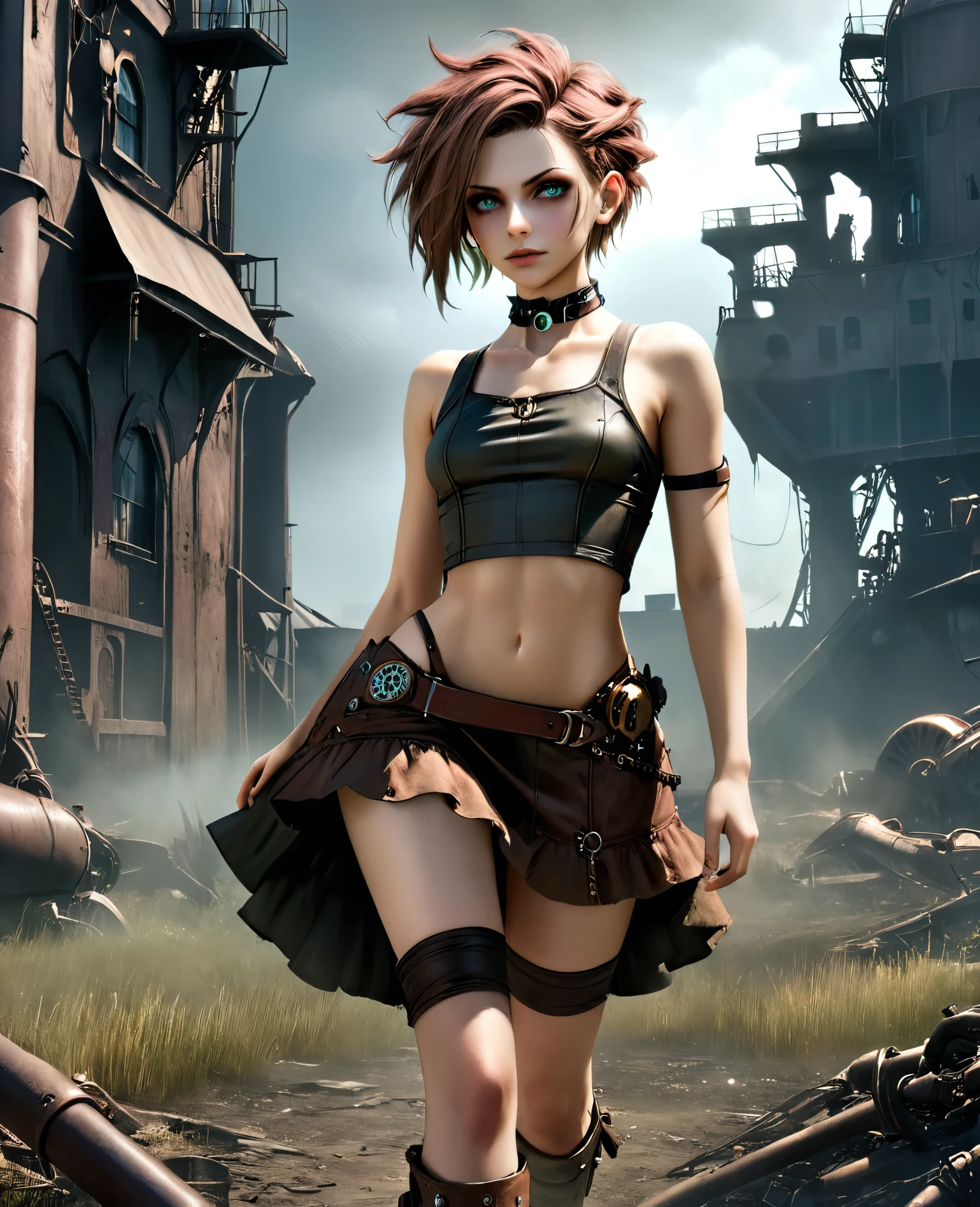(((high resolution))), (((extremely detailed))), ((masterpiece)), dramatic shadows, depth of field, analog photo style, (world in which are collide steampunk and postapocalyptic vibes), postapocalyptic cute female in steampunk torn dirty clothes, looks like Aerith Gainsborough, depth of field, full body shot, unzoomed, (perfect body: 1.4), (sidecut short hairstyle), (stalking is quite common, although not the best way to make a living), looks interested, stylized atmosphere of unreality, dark aesthetic, dynamic pose, in motion, Armageddon, increase cinematic lighting, highly lifelike skin texture, parted lips, weary eyes, fine eyes, whitened skin, random hair colour, doomsday aura,
