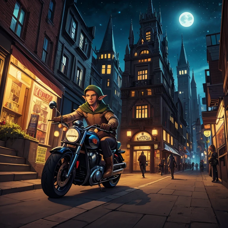 A charming piece of pop art by artist Cepriu, featuring the seductive elf Bat-Gil on a night street. The illustration has an old comic book feel, with the handsome elf riding a dark Bat-girl motorcycle, looking down at the viewer.
The background shows a modern elven city. This work combines illustration, typography, poster design and painting to create a dark fantasy masterpiece.