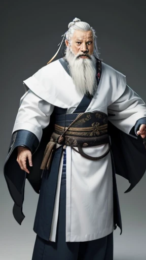 Oriental、((Standing posture))、((The hem hides your legs))、Old man in plain white ancient Chinese costume、Ancient Chinese hairstyle old man、Highest quality、masterpiece、Ultra-high resolution、(Realistic:1.4)、Game Poster、Crisp and beautiful image quality、Gray Hair、white and long beard,,