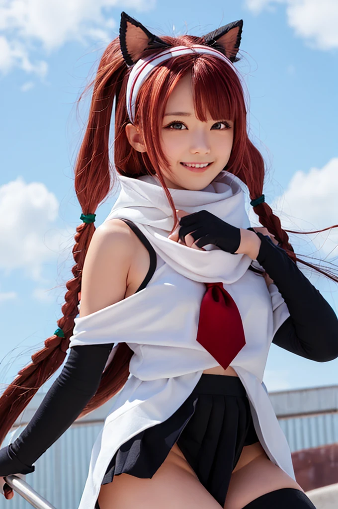 Highest quality, masterpiece, High resolution, 一人in, {Sichuan wind_Kantai Collection:1.15}, length_hair, red_hair, ribbon, hairband, hair_ribbon, 前hair, Ahoge, twintails, Side Lock, low_twintails, asymmetrical_前hair, very_length_hair, smile, green_eye, Seraphim, Sleeveless, hair_flap, 1 Girl, black_gloves, Braiding, Cape, elbow_gloves, fingerless_gloves, gloves, looking for_in_Audience, scarf, School_uniform, twin_Braidings, yellow_eye, neckerchief, skirt, torpedo, mechanical, Open_mouth, pleined_skirtリフト,  (panties)