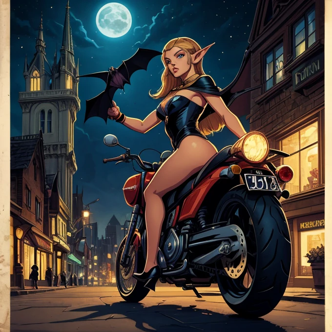 A charming work of pop art by the artist Cepriu, with the seductive elf Bat-Gil on a night street. The illustration has an old comic feel.., with the handsome elf riding a dark Bat-girl motorcycle, looking at the viewer.
The background shows a modern elven city.. This work combines illustration, typography, Poster design and painting to create a dark fantasy masterpiece..