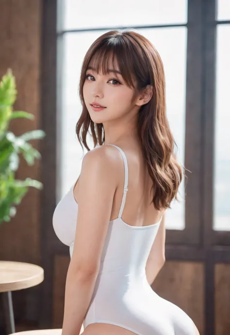 Smiling woman, ((K-POP)), back view, brown eyes, brown hair, parted bangs, large breasts, white leotard (masterpiece: 1.2, highe...
