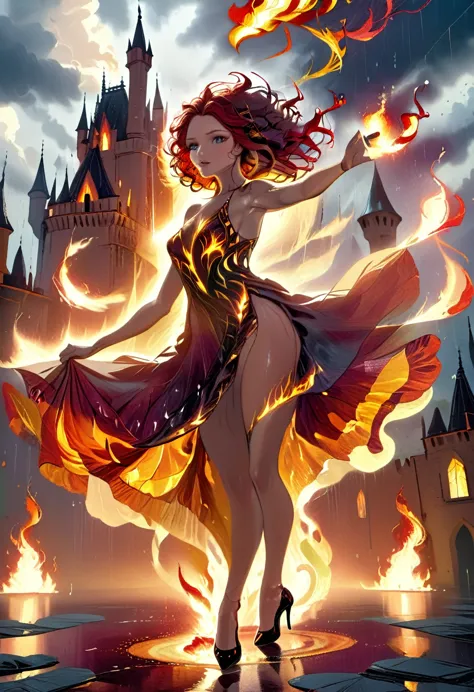 a sorceress of fire making fire dance in a the storm of rain, a most exquisite beautiful sorceress, controlling fire manipulatin...