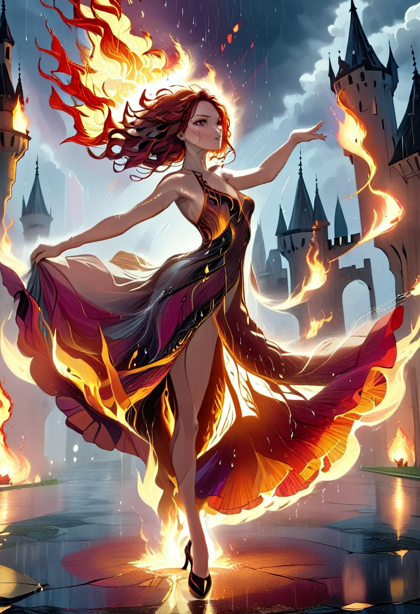 a sorceress of fire making fire dance in a the storm of rain, a most exquisite beautiful sorceress, controlling fire manipulating fire, a woman, dynamic hair color, dynamic hair style, wet hair, wet face, dynamic eyes color, full body shot, wearing dress made of fire, wearing intricate high heels, light make up, dancing in courtyard of a fantasy castle, ((heavy rain drops: 1.1)), clouds in the sky,  (anatomically correct: 1.4), (full body shot: 1.1) , vibrant, Ultra-high resolution, High Contrast, (masterpiece:1.5), highest quality, Best aesthetics), best details, best quality, highres, ultra wide angle, 16k, [ultra detailed], masterpiece, best quality, (extremely detailed),  firecd_xl, phoenix dress, FireMagicAI