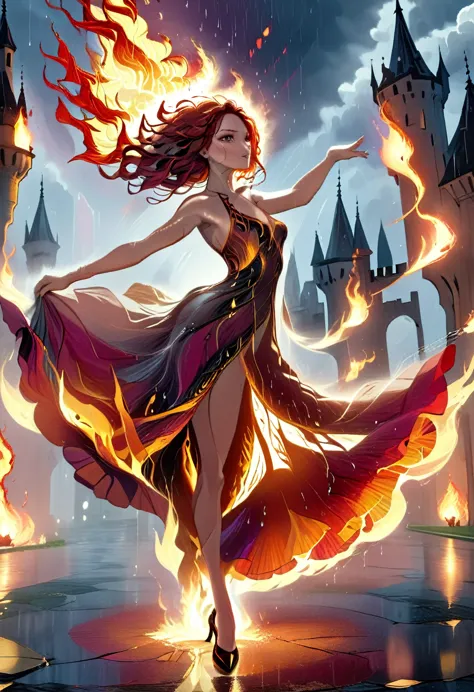 a sorceress of fire making fire dance in a the storm of rain, a most exquisite beautiful sorceress, controlling fire manipulatin...
