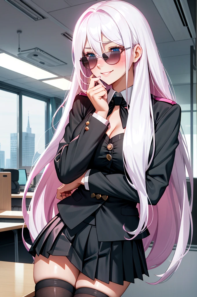 1girl, solo, black thighhighs, cleavage, uniform, office background, black skirt, bussines suit,  ((pleated skirt)), office, hair between eyes,  long hair, looking away, pink , white hair, blue eyes, solo,   very long hair, ((masterpiece)), indoor, smile, ((blush)), sexy pose, blush, black ribbons , sunglasses , cup of tea