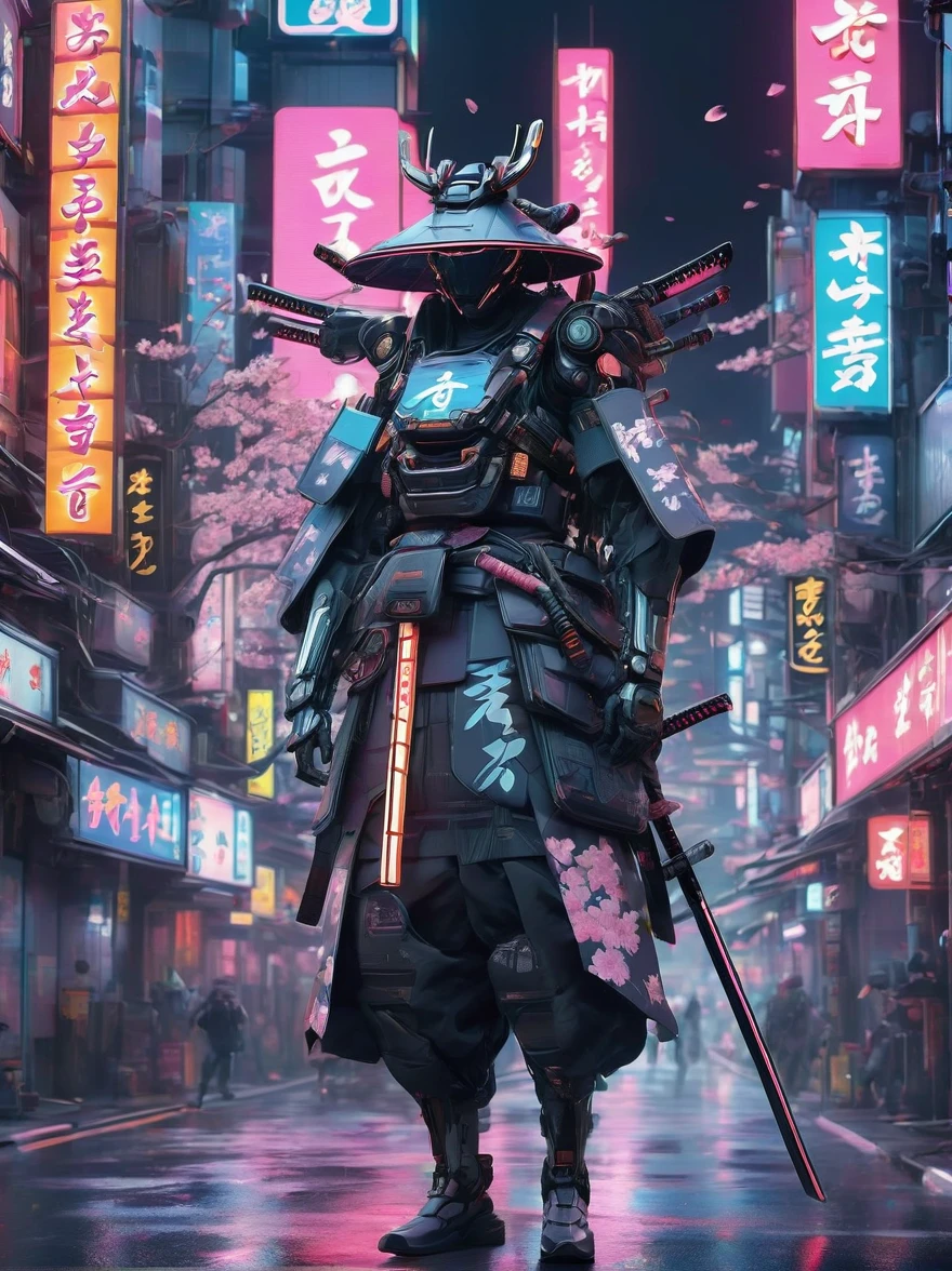 In a futuristic cyberpunk world blending traditional Japanese aesthetics with advanced technology, a lone cyborg samurai roams the neon-lit streets. Clad in sleek armor adorned with intricate kanji symbols, their cybernetic enhancements seamlessly integrated with the ancient art of swordsmanship. The cityscape, a fusion of soaring skyscrapers and traditional pagoda-style structures, pulsates with vibrant holographic billboards displaying kanji characters and futuristic neon signs. Amongst the chaos of the bustling metropolis, cherry blossom petals dance in the air, a poignant reminder of the harmony between nature and the cybernetic urban sprawl. The samurai's katana, equipped with holographic enhancements, reflects the neon glow, ready to defend honor and tradition in this techno-oriental landscape , 