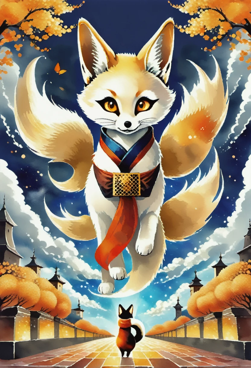 A kitsune with large eyes and expressive, capable of conveying a wide range of emotions from mischievousness to wisdom. She has nine tails.Each tail would move fluidly, almost as if dancing to an unseen melody, adding to their whimsical aura.In The Celestial Palace: High above the mortal realm, nestled among the clouds, lies the Celestial Palace where the most powerful kitsune reside. The palace itself is a dazzling sight, with golden spires reaching towards the heavens and gardens filled with celestial blossoms that bloom only once in a life, portrait photography