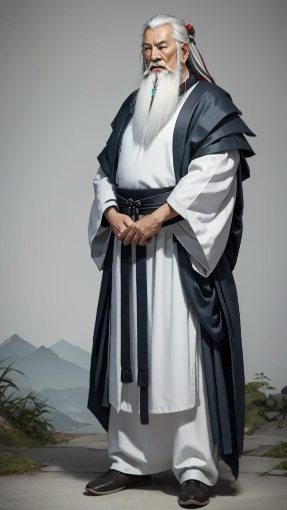 Oriental、((Standing posture))、((The hem hides your legs))、Old man in plain white ancient Chinese costume、Ancient Chinese hairstyle old man、Highest quality、masterpiece、Ultra-high resolution、(Realistic:1.4)、Game Poster、Crisp and beautiful image quality、Gray Hair、white and long beard,,