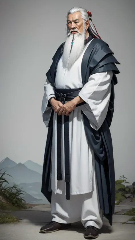 oriental、((standing posture))、((the hem hides your legs))、old man in plain white ancient chinese costume、ancient chinese hairsty...