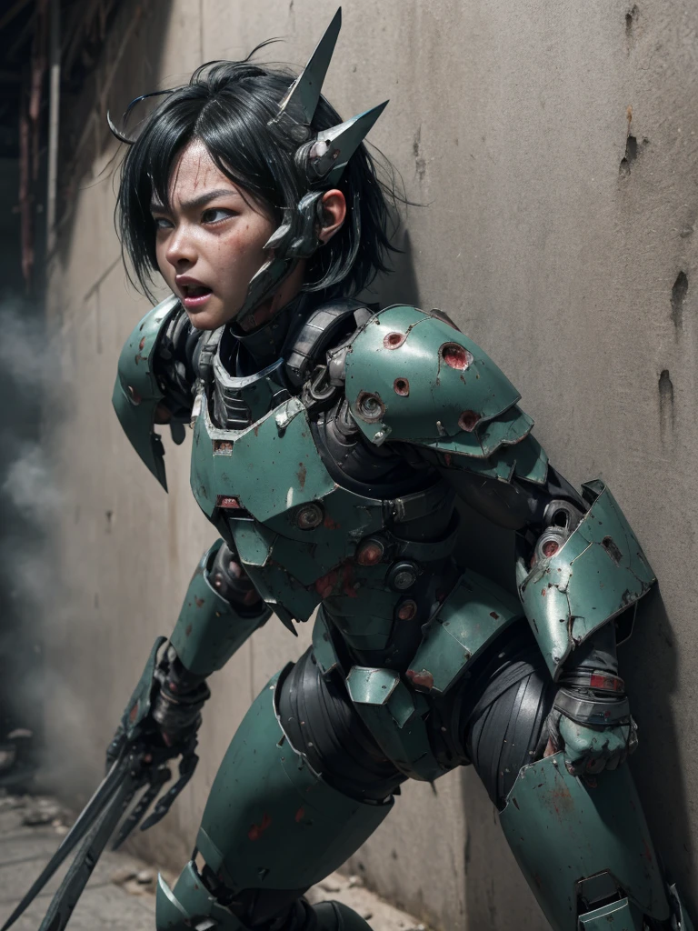 Rough skin, Very detailed, Advanced Details, high quality, 最high quality, High resolution, 1080P 、Bleeding from the wound、Sexy Eyes、Wearing Silver and black、cute((The whole body is sweating))(Equipped with a damaged battle suit....)(Dark Green armor)(Broken Armor)Black Hair、Chiquita、short hair、Open your mouth、Painful expression、It hurts again、Healthy Skin、20-year-old female　defeat　(Steam coming out of the face) ((Steam from the body)) 　Unable to fight　Severe attacks　((I was thrown against the wall、Headgear broke.　)) Flying debris　bare hands　Armor Stripping