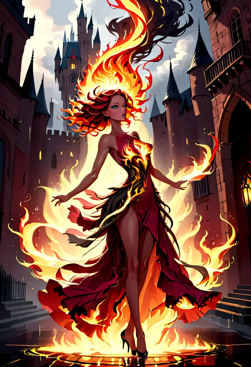 a sorceress of fire making fire dance in a the storm of rain, a most exquisite beautiful sorceress, controlling fire manipulatin...