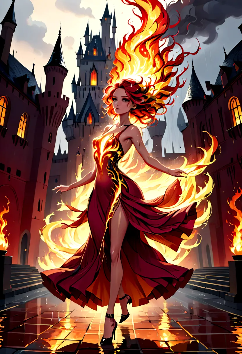 a sorceress of fire making fire dance in a the storm of rain, a most exquisite beautiful sorceress, controlling fire manipulatin...