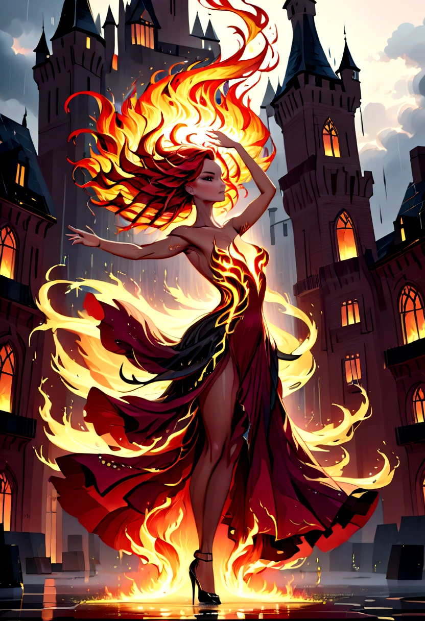 a sorceress of fire making fire dance in a the storm of rain, a most exquisite beautiful sorceress, controlling fire manipulating fire, a woman, dynamic hair color, dynamic hair style, wet hair, wet face, dynamic eyes color, full body shot, wearing dress made of fire, wearing intricate high heels, light make up, dancing in courtyard of a fantasy castle, ((heavy rain drops: 1.1)), clouds in the sky,  (anatomically correct: 1.4), (full body shot: 1.1) , vibrant, Ultra-high resolution, High Contrast, (masterpiece:1.5), highest quality, Best aesthetics), best details, best quality, highres, ultra wide angle, 16k, [ultra detailed], masterpiece, best quality, (extremely detailed),  firecd_xl, phoenix dress, FireMagicAI