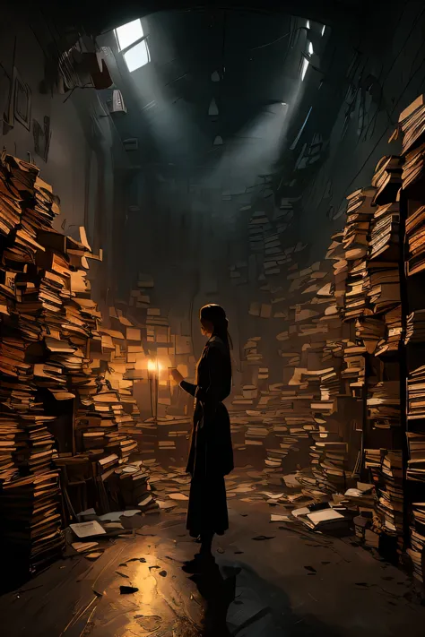 (best quality, masterpiece, 1girl, dark world, black wall, stacking small colorful books, focused, highly detailed, dramatic lig...