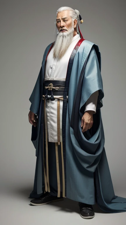 Oriental、((Standing posture))、((The hem hides your legs))、Old man in plain white ancient Chinese costume、Ancient Chinese hairstyle old man、Highest quality、masterpiece、Ultra-high resolution、(Realistic:1.4)、Game Poster、Crisp and beautiful image quality、Gray Hair、white and long beard,,