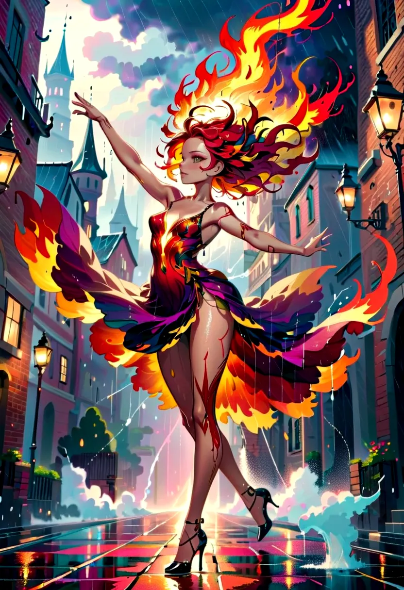 a sorceress of fire making fire dance in a the (storm of rain: 1.3), a most exquisite beautiful sorceress, controlling fire mani...