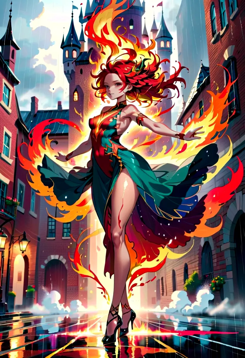 a sorceress of fire making fire dance in a the (storm of rain: 1.3), a most exquisite beautiful sorceress, controlling fire mani...