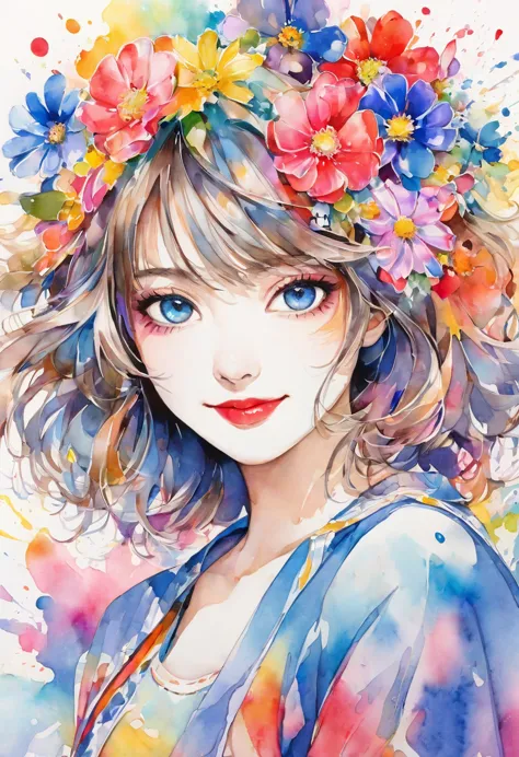 beautiful woman portrait, cute smile, Sylvia Pelissero watercolors, colorful flowers, beautiful eyes,  upper body, abstract art,...