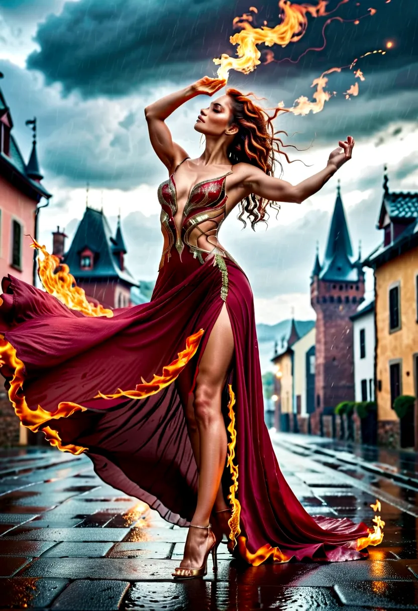 a sorceress of fire making fire dance in a the ((storm of rain: 1.3)), a most exquisite beautiful sorceress, controlling fire ma...