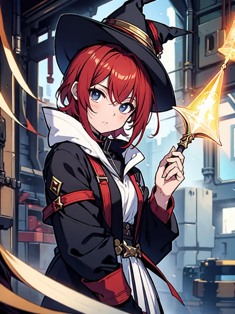 Red hair, short bob hair, wizard's hat, black clothes, wizard's wand, potion, teenage girl,